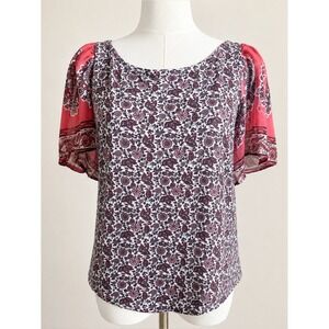 Lucky Brand Coral White Floral Short Sleeve Blouse Keyhole Back Small